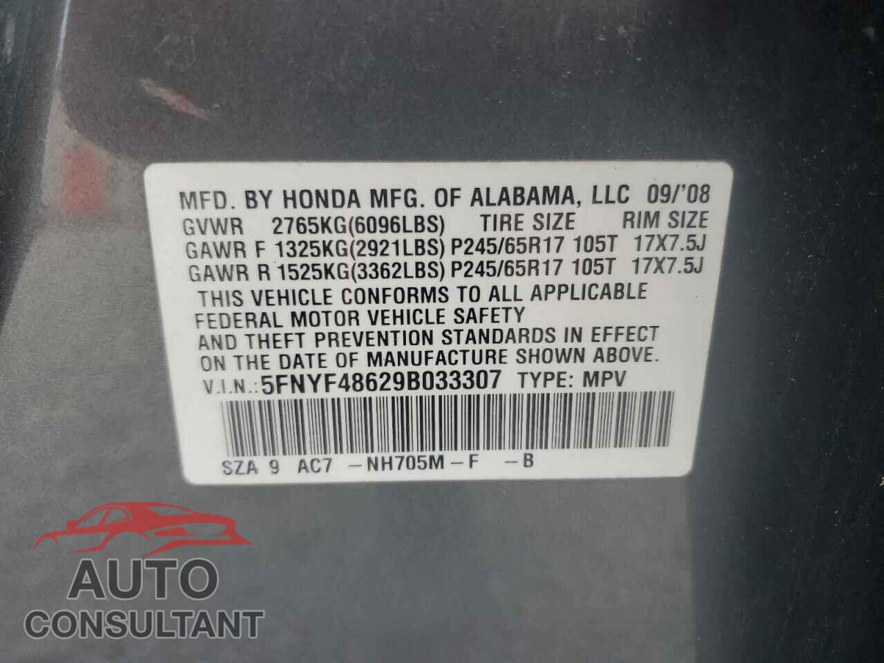 HONDA PILOT 2009 - 5FNYF48629B033307
