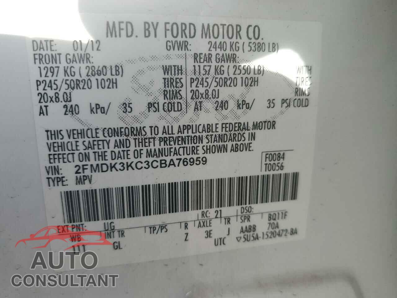 FORD EDGE 2012 - 2FMDK3KC3CBA76959
