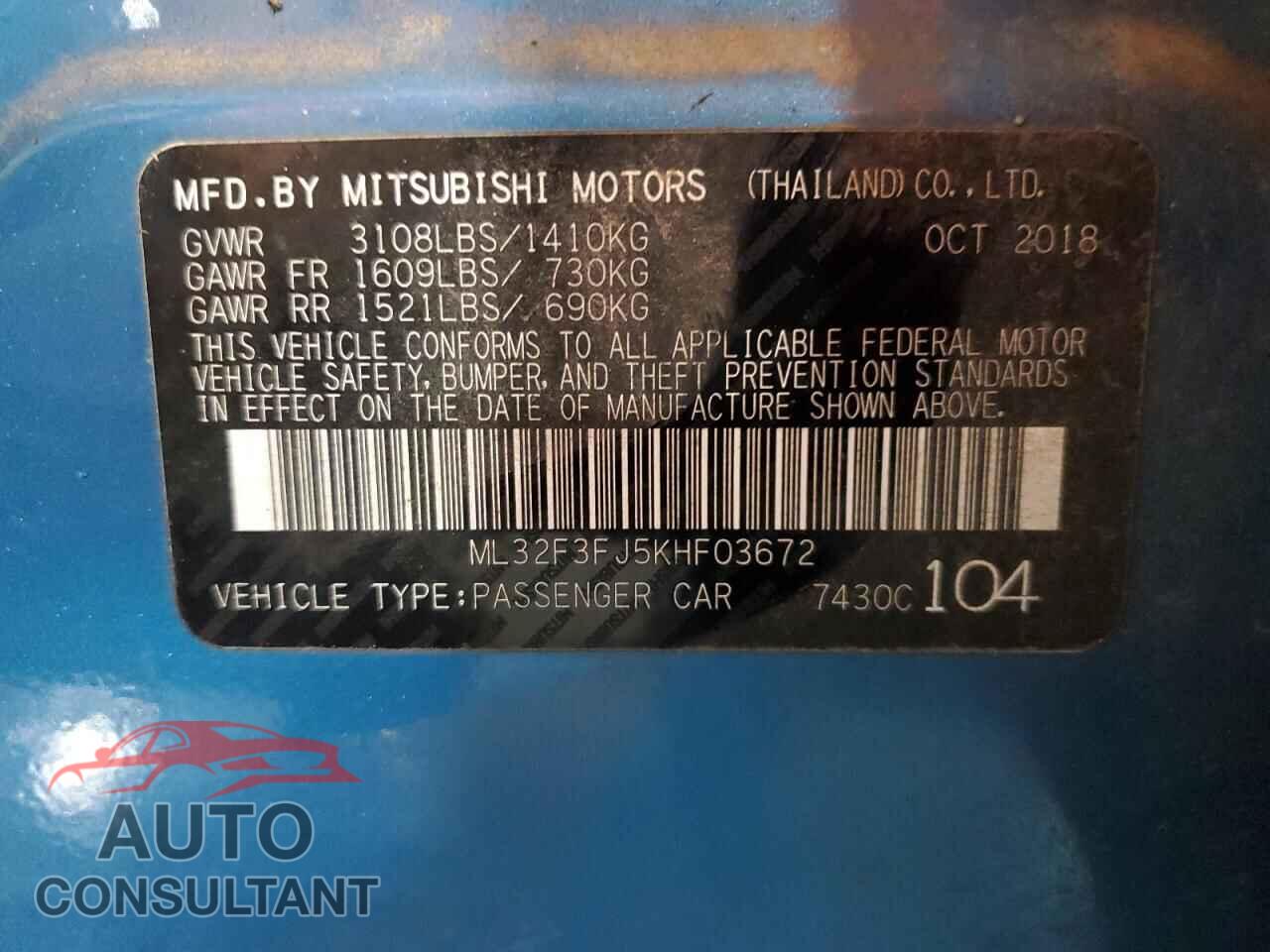 MITSUBISHI MIRAGE 2019 - ML32F3FJ5KHF03672