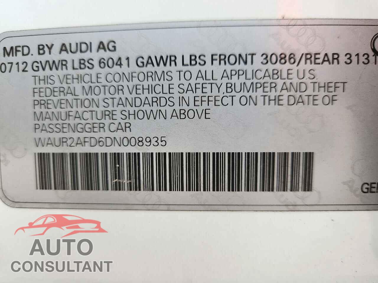 AUDI A8 2013 - WAUR2AFD6DN008935