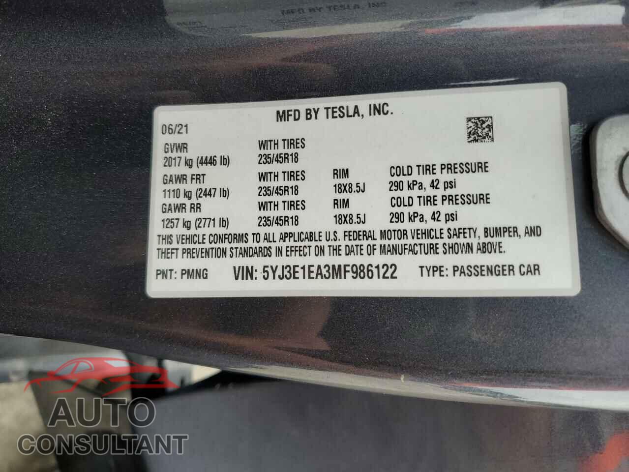 TESLA MODEL 3 2021 - 5YJ3E1EA3MF986122
