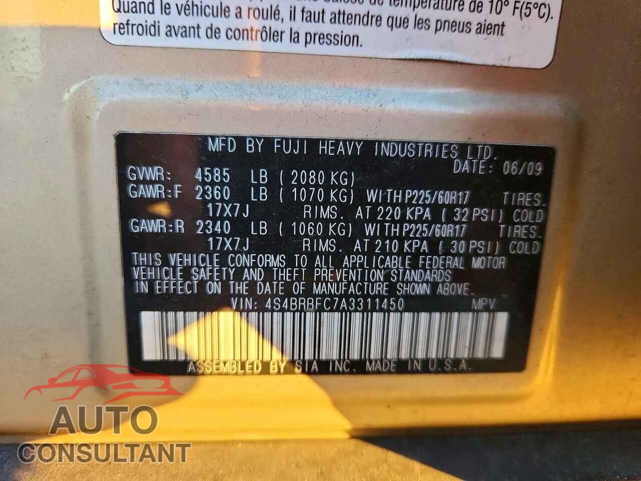 SUBARU OUTBACK 2010 - 4S4BRBFC7A3311450