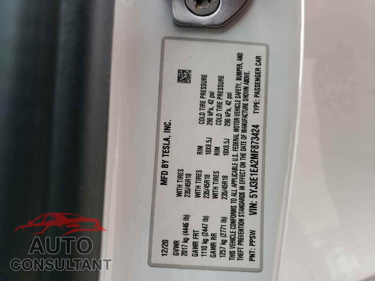 TESLA MODEL 3 2021 - 5YJ3E1EA2MF873424