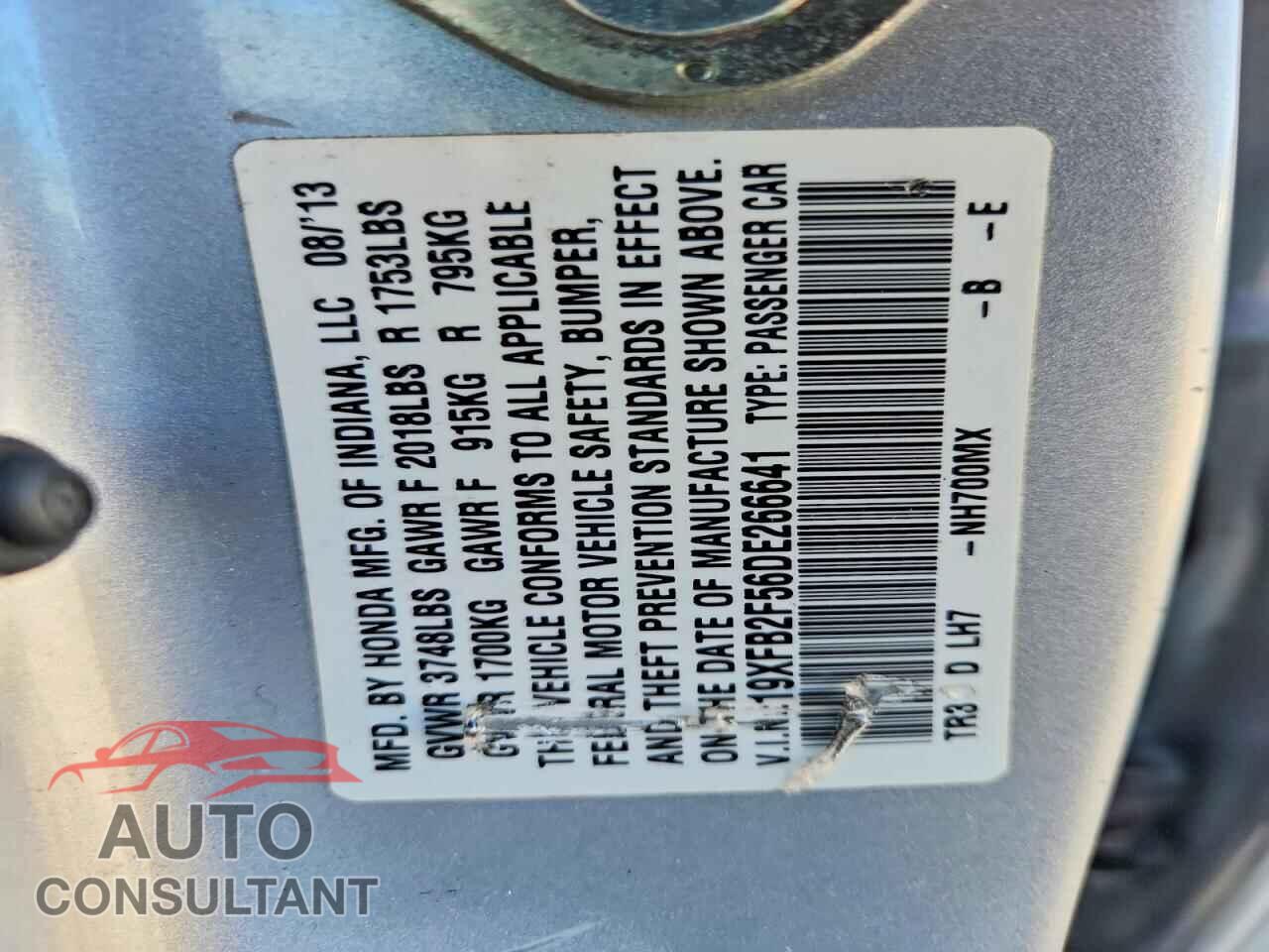 HONDA CIVIC 2013 - 19XFB2F56DE266641