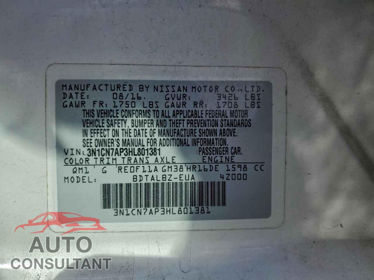 NISSAN VERSA 2017 - 3N1CN7AP3HL801381