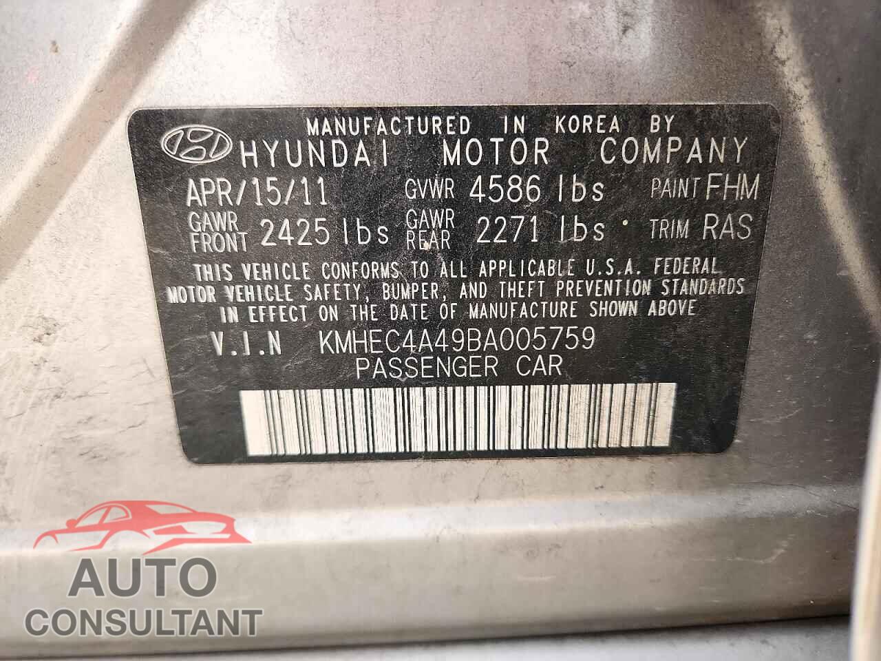 HYUNDAI SONATA 2011 - KMHEC4A49BA005759