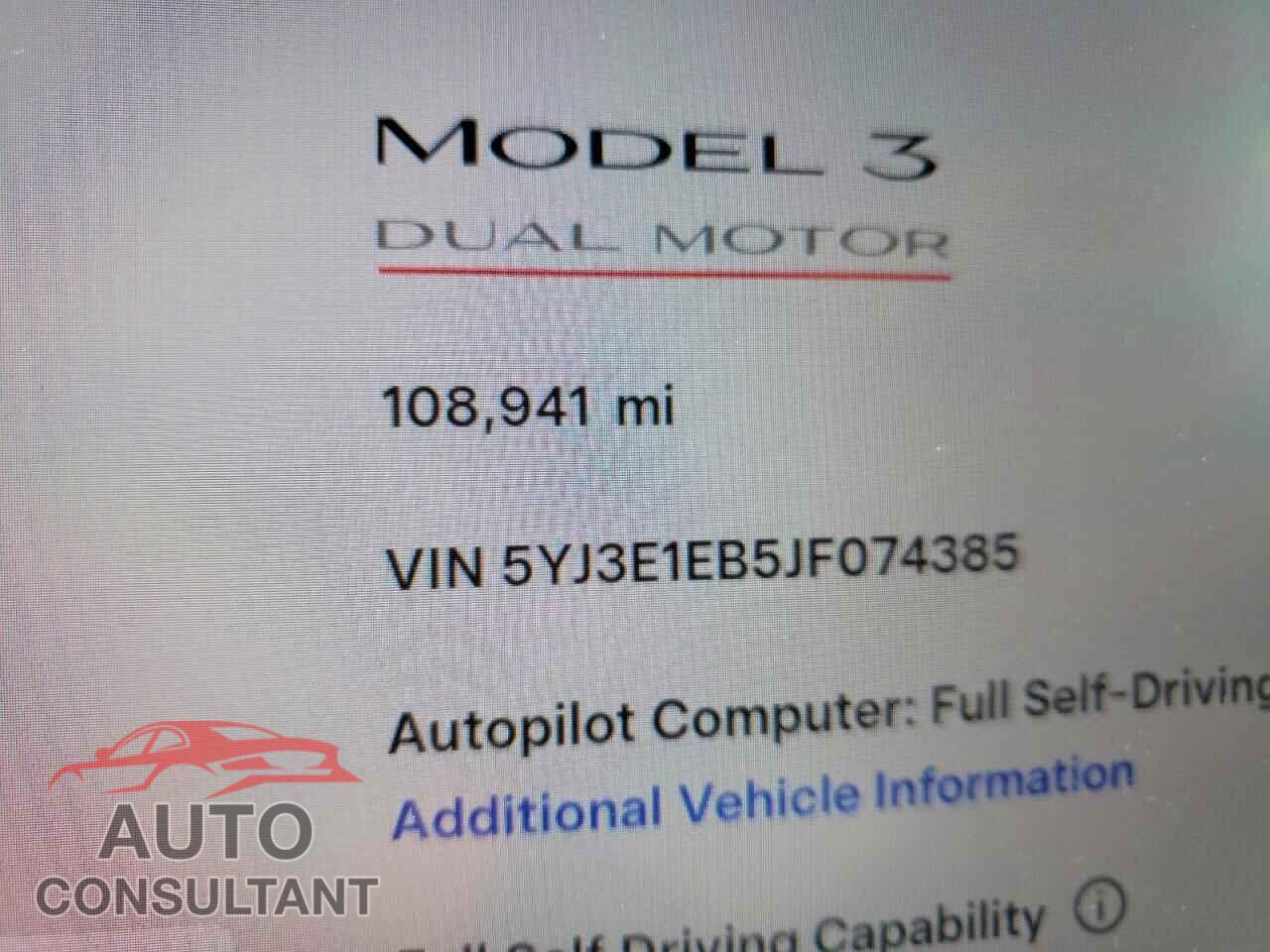 TESLA MODEL 3 2018 - 5YJ3E1EB5JF074385