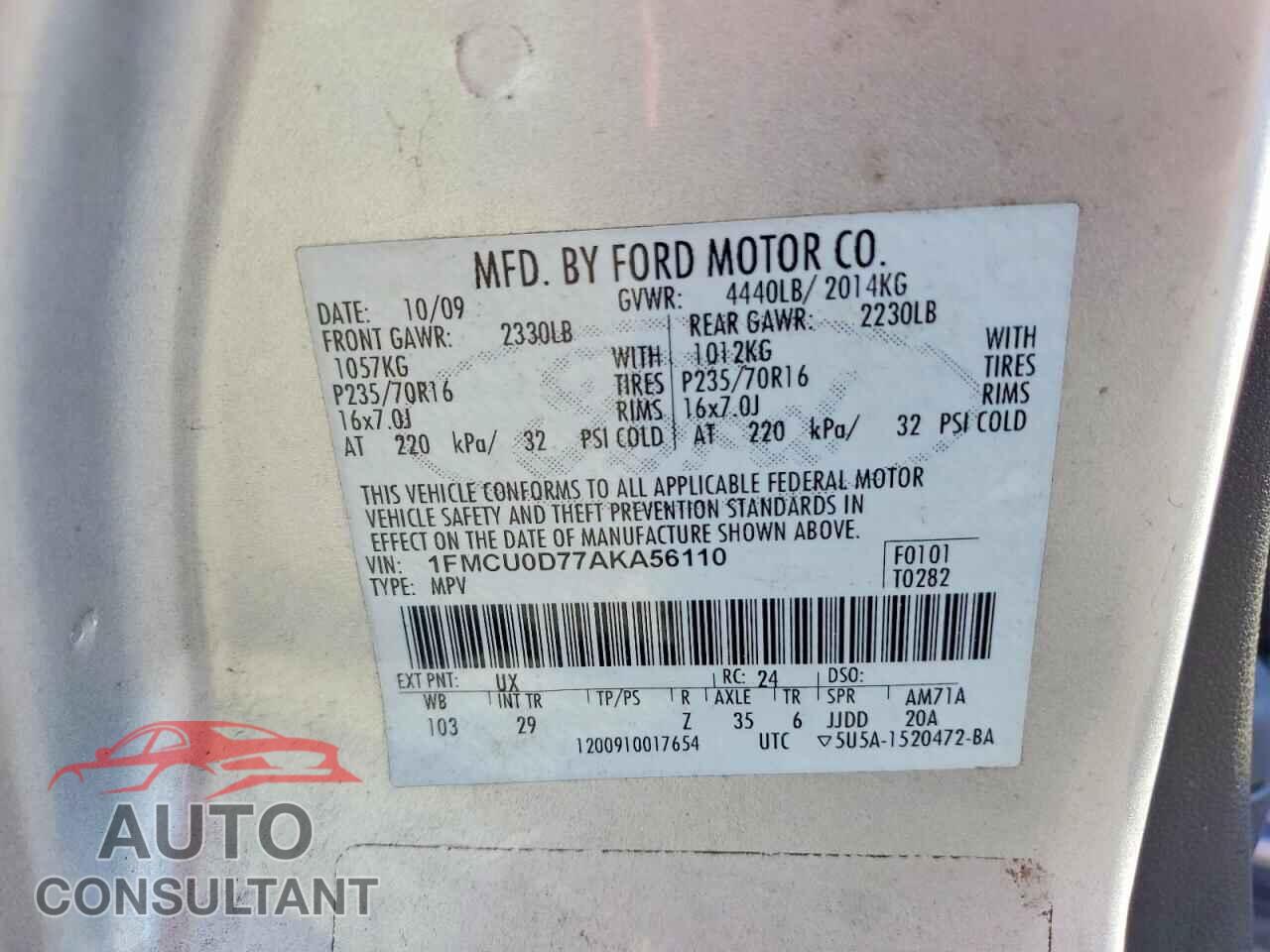 FORD ESCAPE 2010 - 1FMCU0D77AKA56110