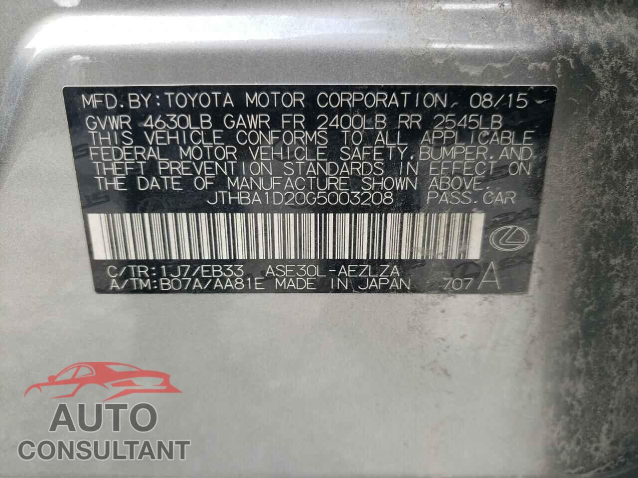 LEXUS IS 2016 - JTHBA1D20G5003208