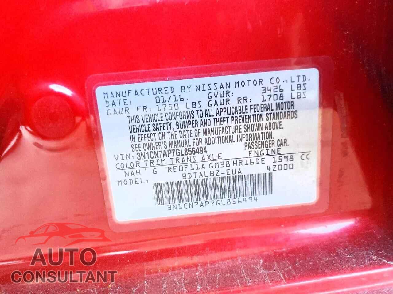 NISSAN VERSA 2016 - 3N1CN7AP7GL856494