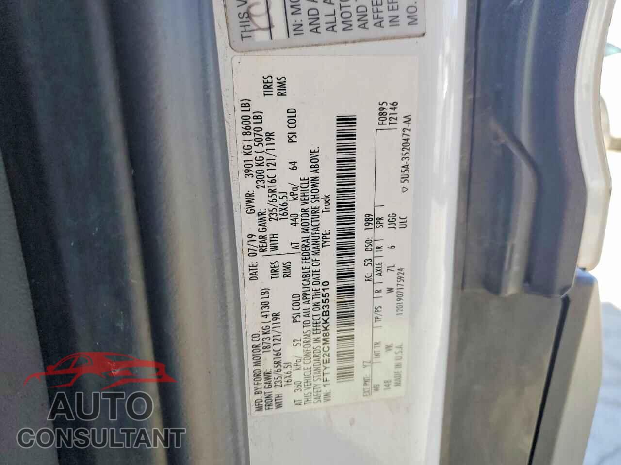 FORD TRANSIT 2019 - 1FTYE2CM8KKB35510