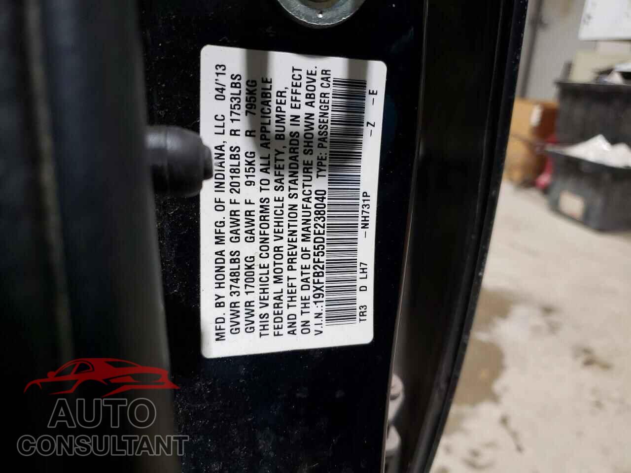 HONDA CIVIC 2013 - 19XFB2F55DE238040
