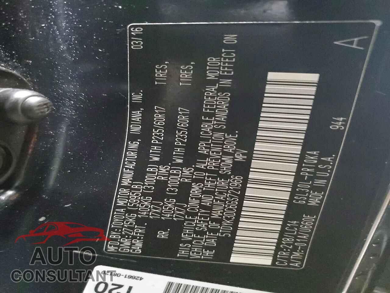TOYOTA SIENNA 2016 - 5TDYK3DC6GS721966