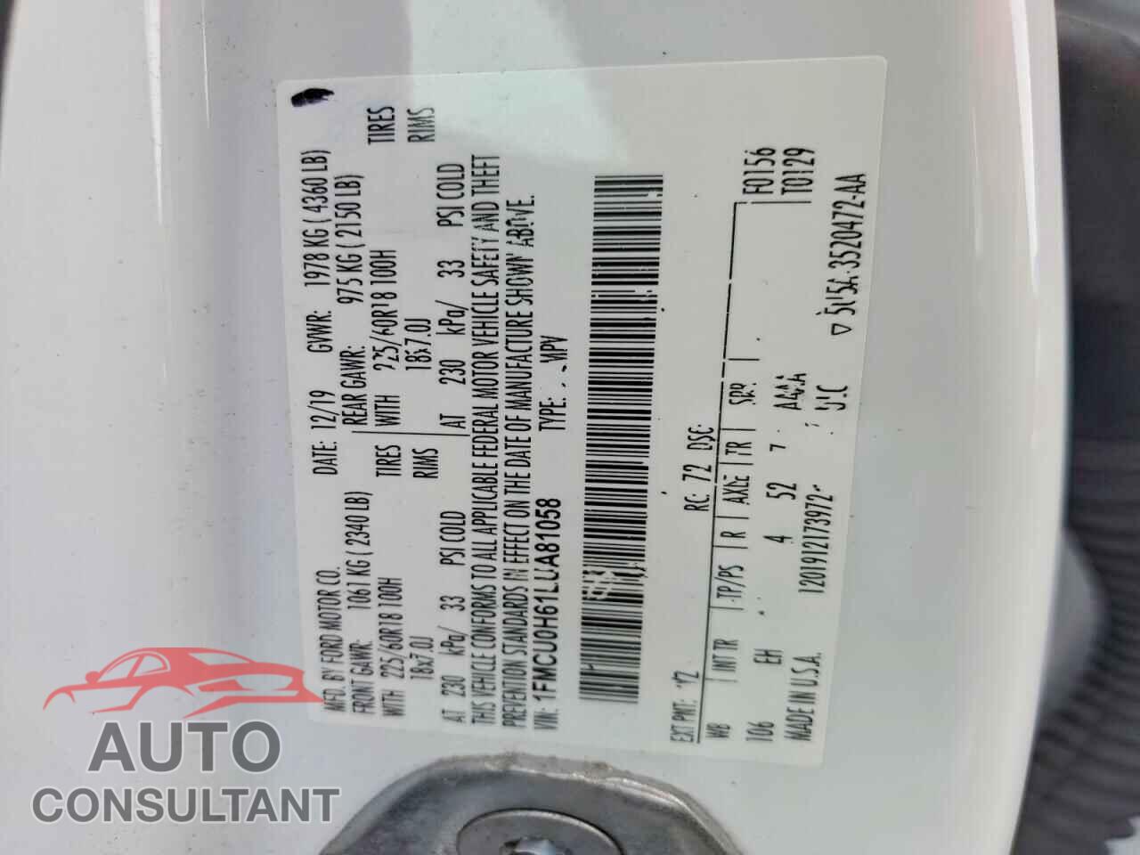 FORD ESCAPE 2020 - 1FMCU0H61LUA81058
