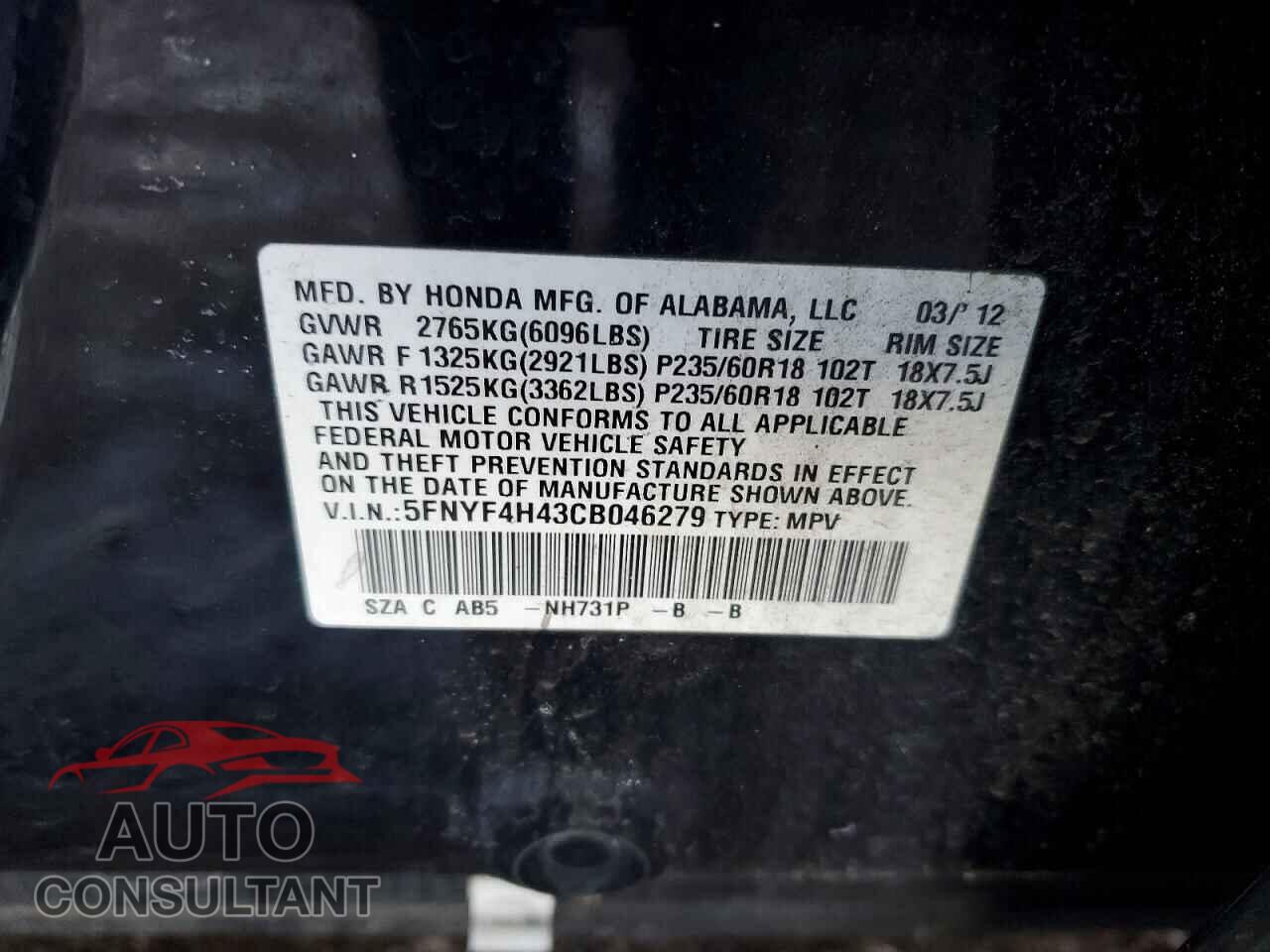 HONDA PILOT 2012 - 5FNYF4H43CB046279