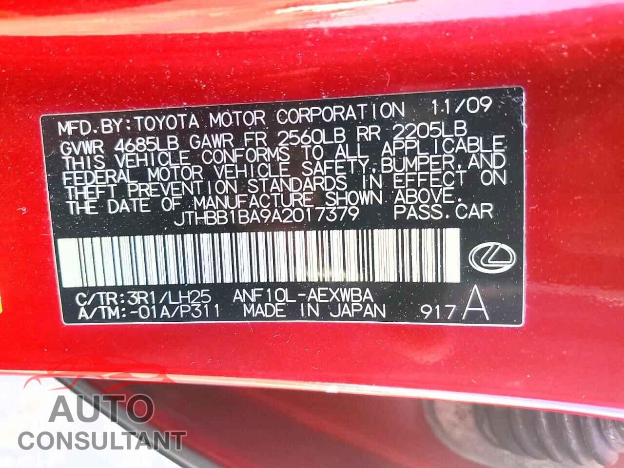 LEXUS HS 2010 - JTHBB1BA9A2017379