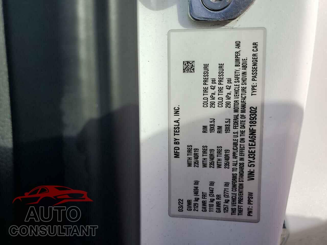 TESLA MODEL 3 2022 - 5YJ3E1EA6NF189302