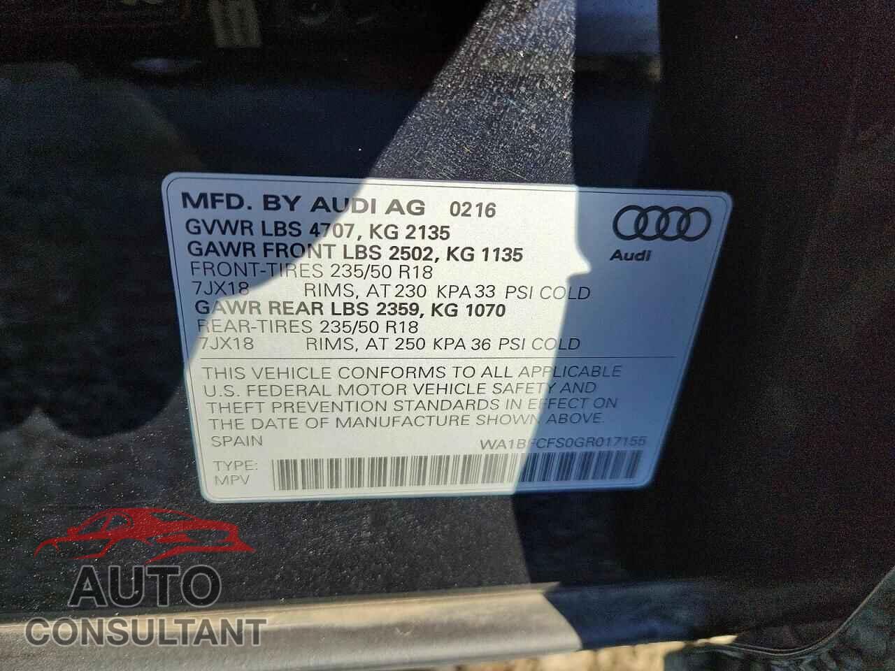 AUDI Q3 2016 - WA1BFCFS0GR017155