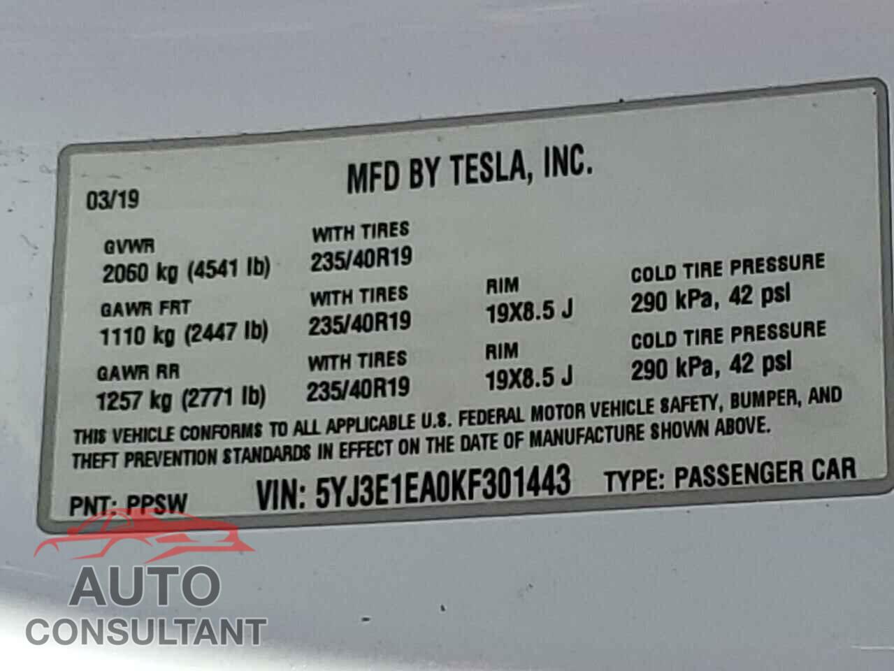 TESLA MODEL 3 2019 - 5YJ3E1EA0KF301443