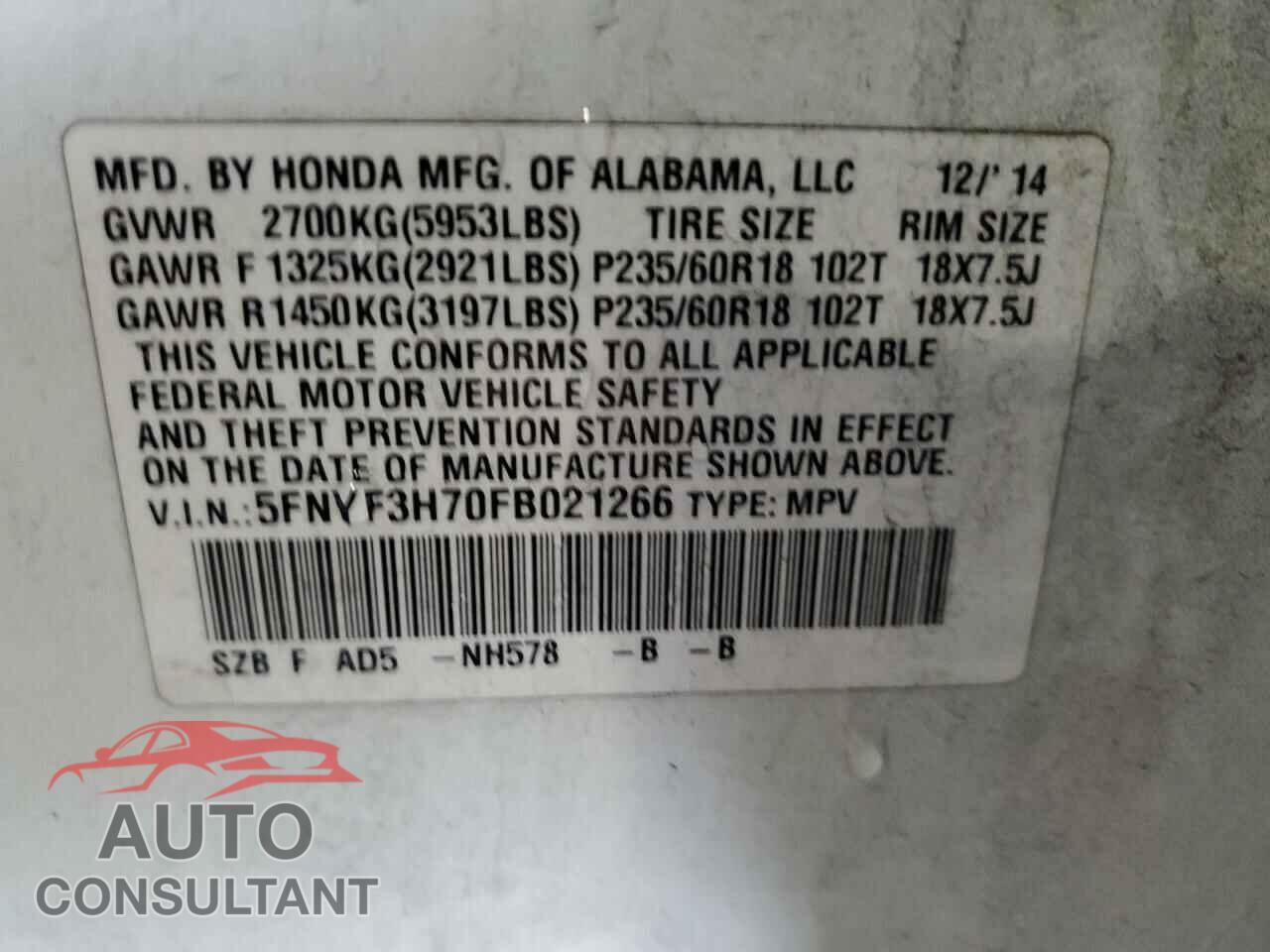 HONDA PILOT 2015 - 5FNYF3H70FB021266