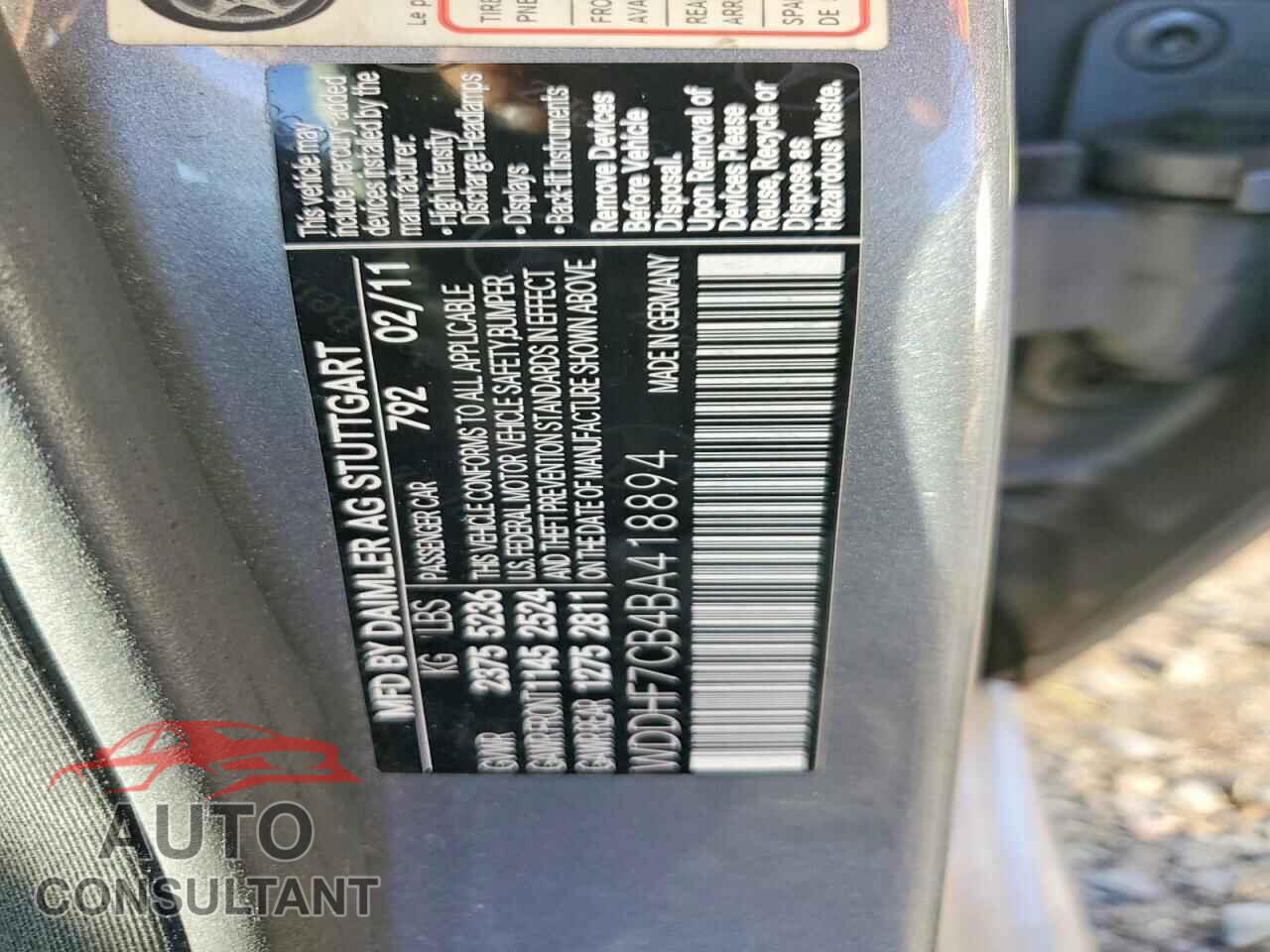 MERCEDES-BENZ E 2011 - WDDHF7CB4BA418894