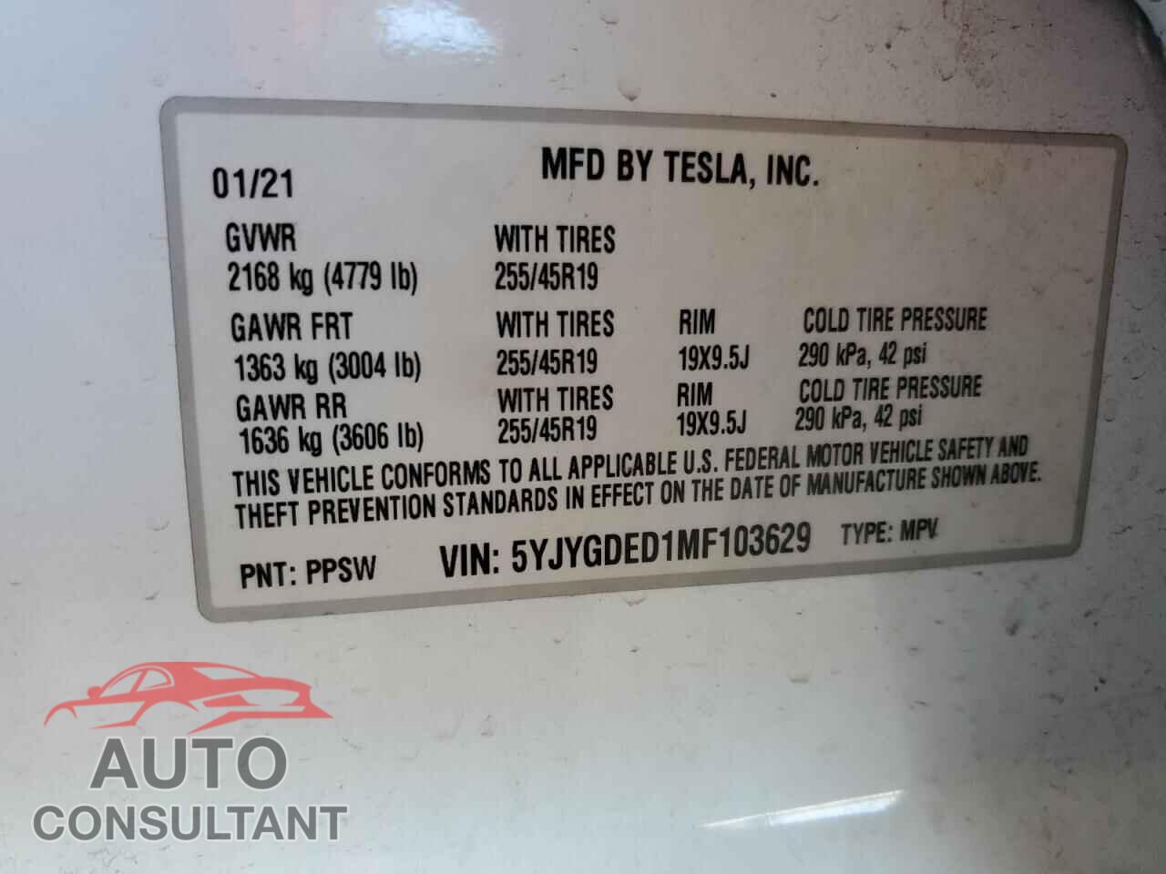 TESLA MODEL Y 2021 - 5YJYGDED1MF103629