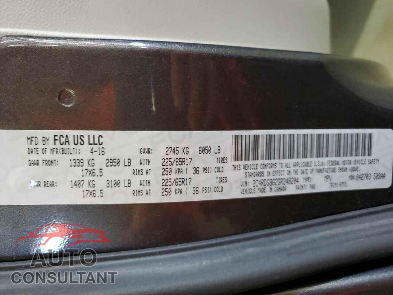 DODGE CARAVAN 2016 - 2C4RDGBG2GR348204