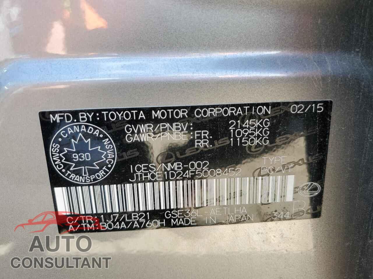 LEXUS IS 2015 - JTHCE1D24F5008452