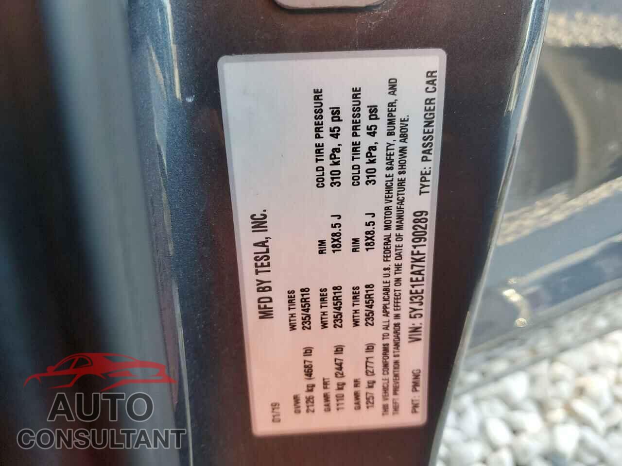 TESLA MODEL 3 2019 - 5YJ3E1EA7KF190289