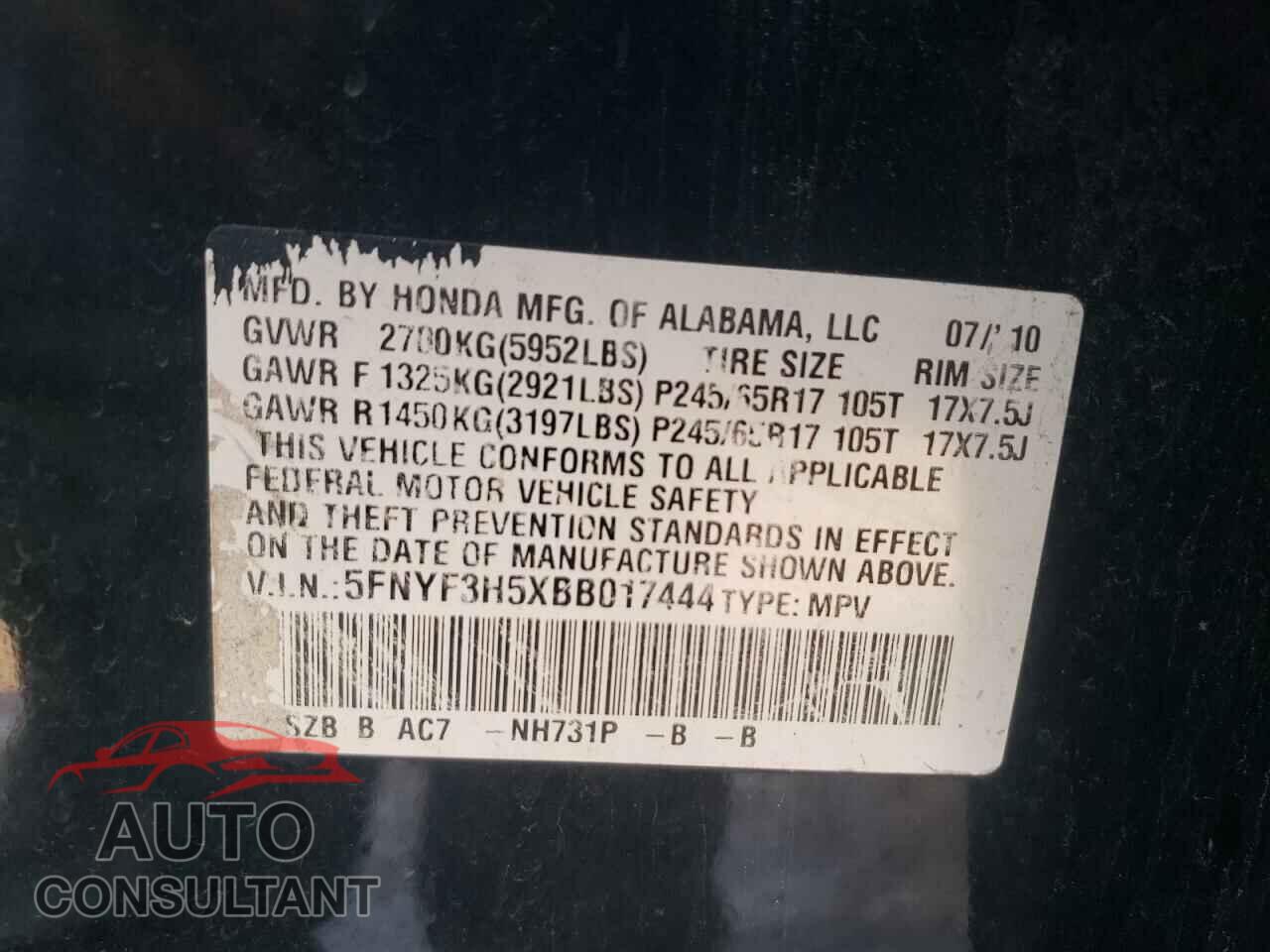 HONDA PILOT 2011 - 5FNYF3H5XBB017444