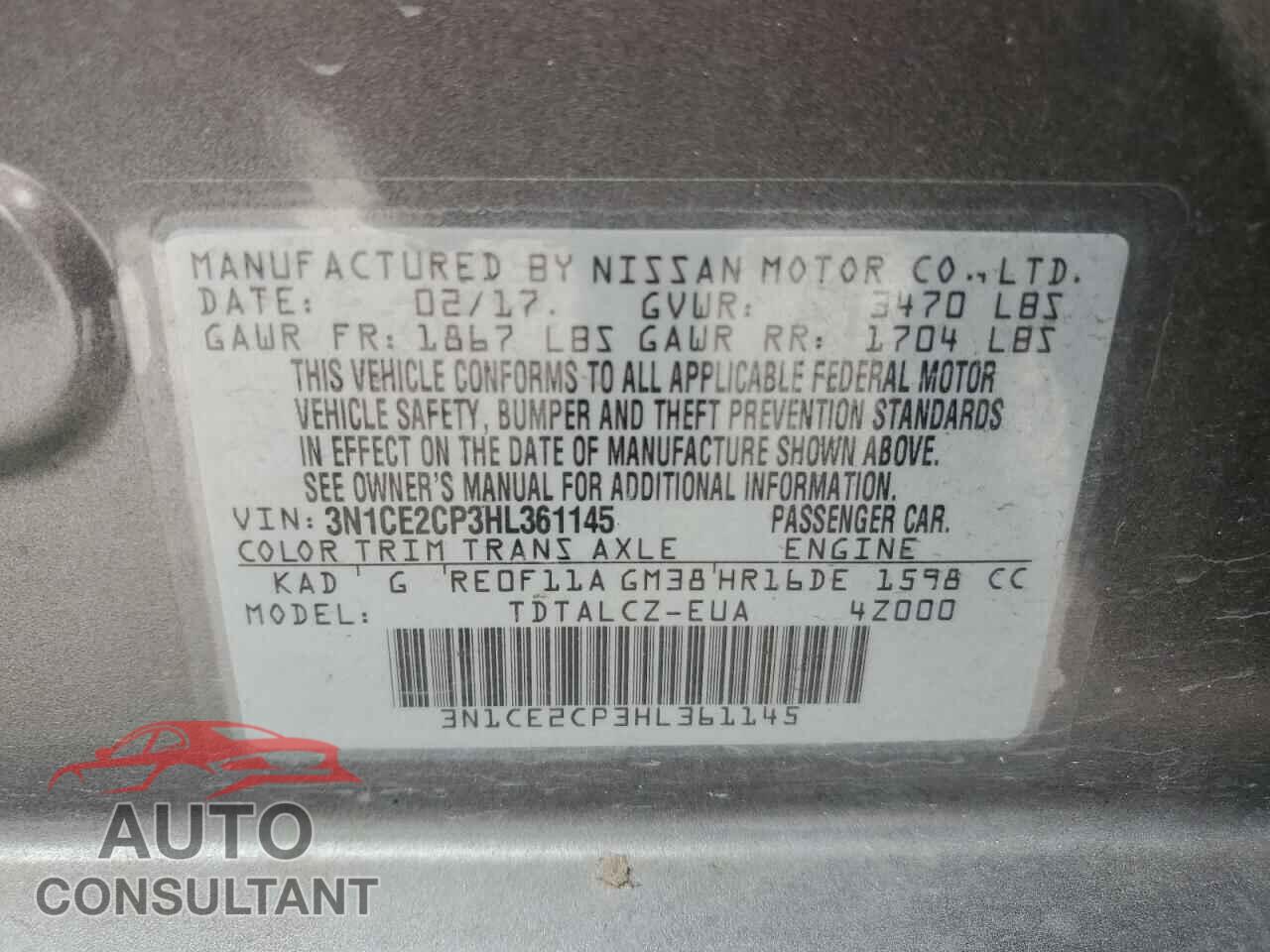 NISSAN VERSA 2017 - 3N1CE2CP3HL361145