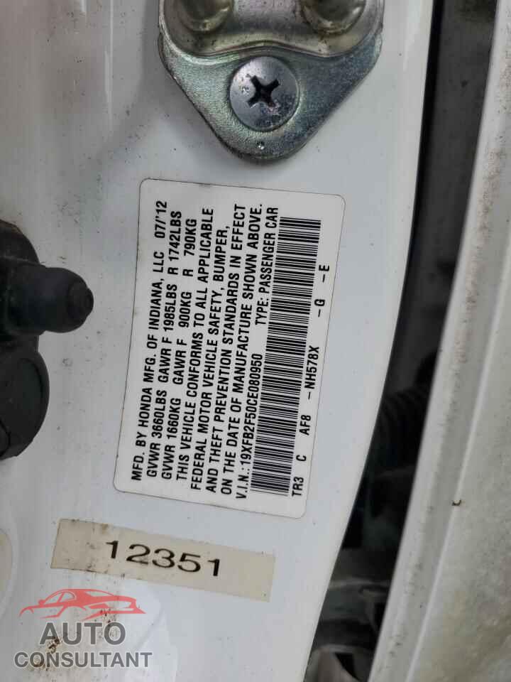 HONDA CIVIC 2012 - 19XFB2F50CE080950