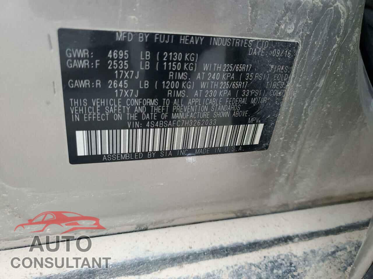 SUBARU OUTBACK 2017 - 4S4BSAFC7H3262033