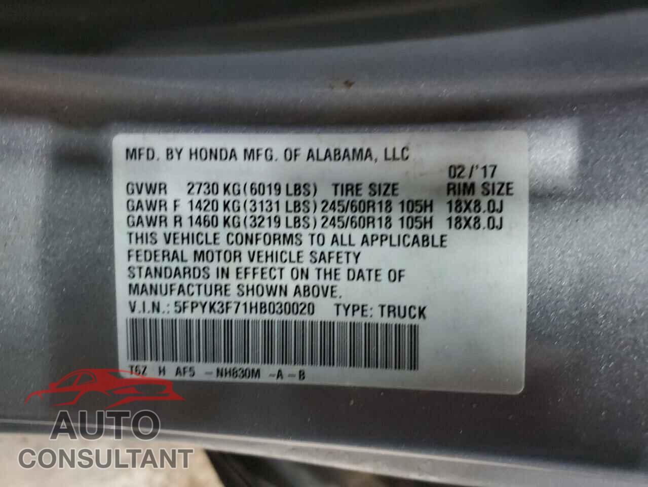 HONDA RIDGELINE 2017 - 5FPYK3F71HB030020