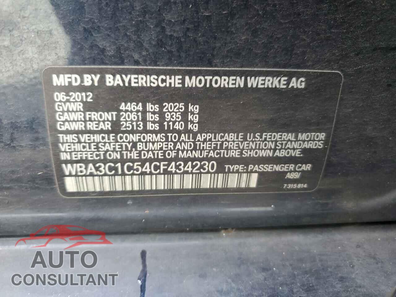 BMW 3 SERIES 2012 - WBA3C1C54CF434230