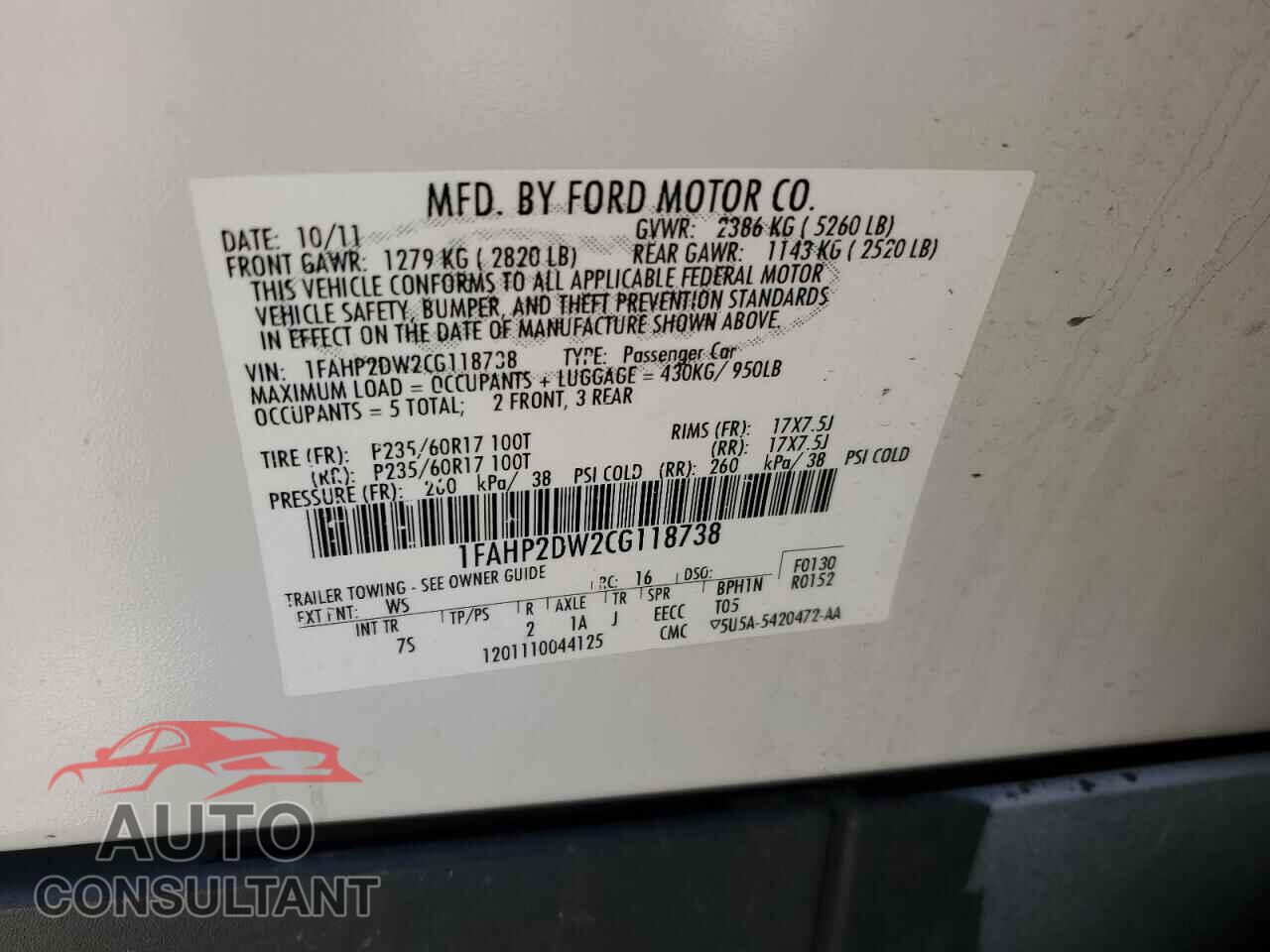 FORD TAURUS 2012 - 1FAHP2DW2CG118738