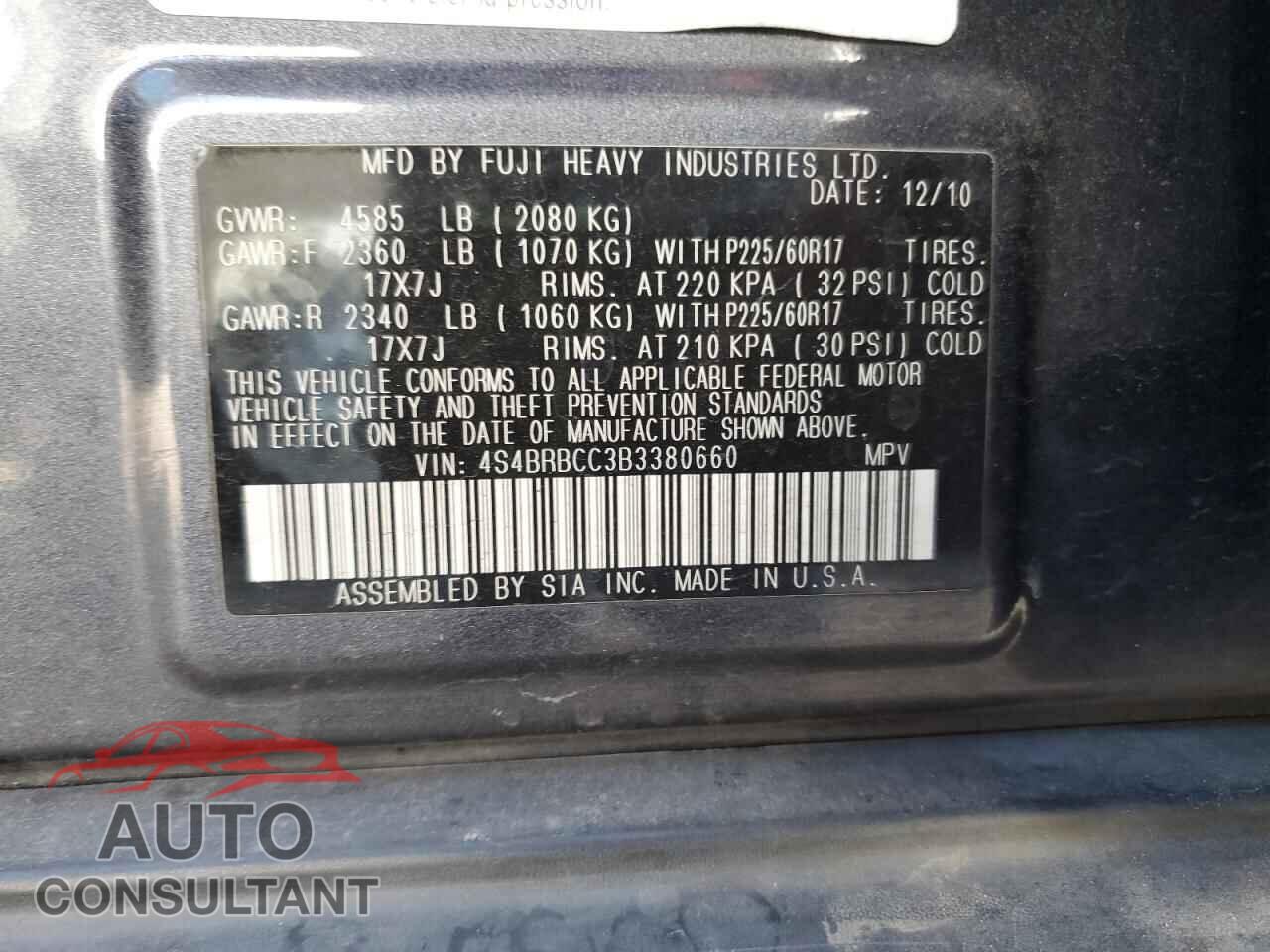 SUBARU OUTBACK 2011 - 4S4BRBCC3B3380660