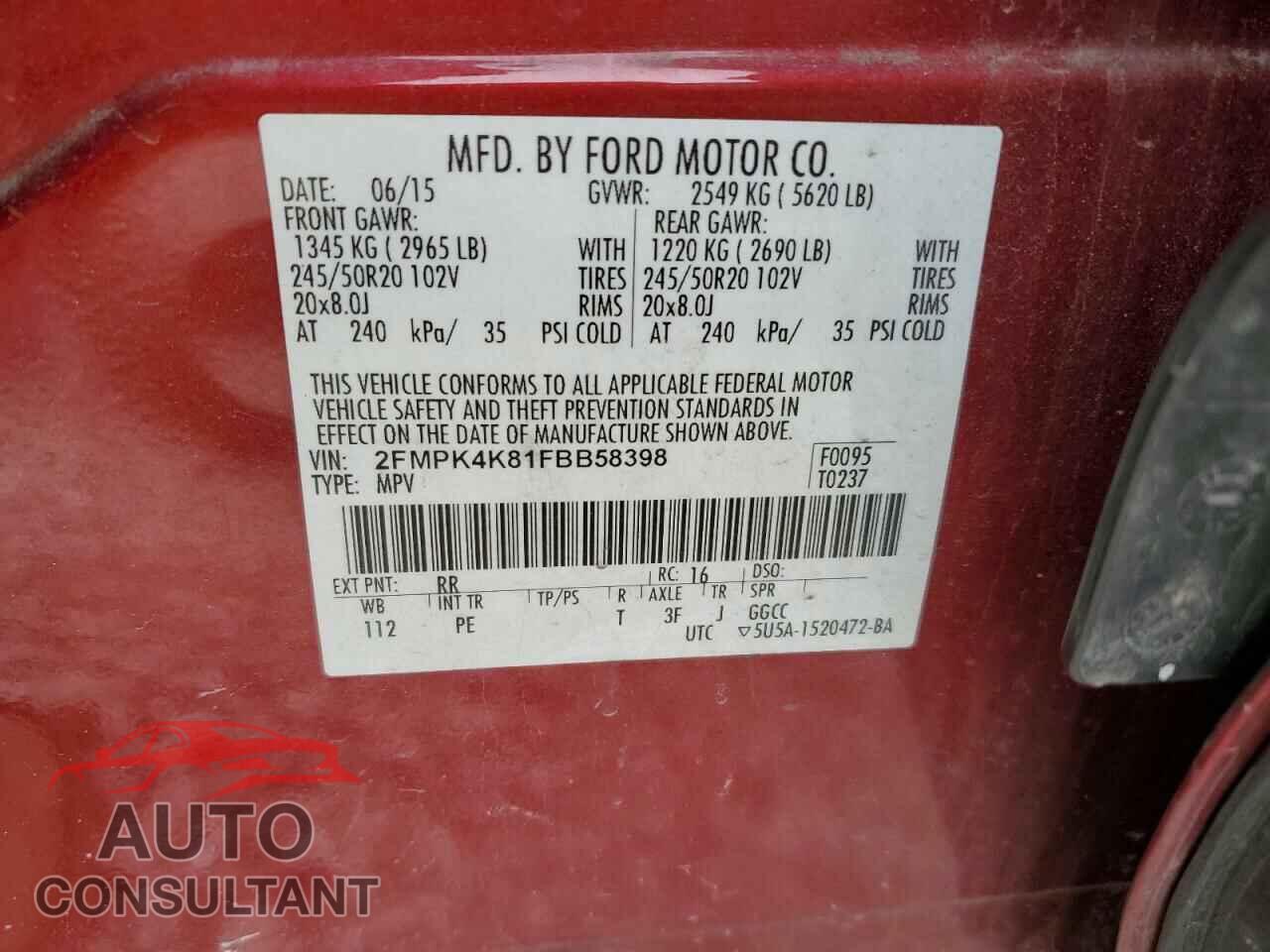 FORD EDGE 2015 - 2FMPK4K81FBB58398