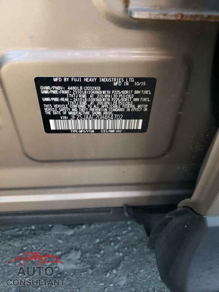SUBARU FORESTER 2016 - JF2SJAAC2GH464702