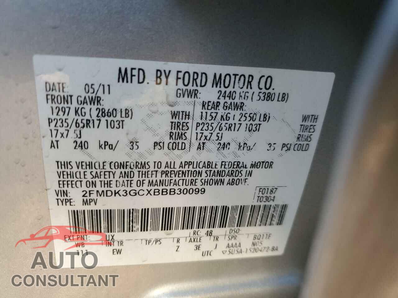 FORD EDGE 2011 - 2FMDK3GCXBBB30099