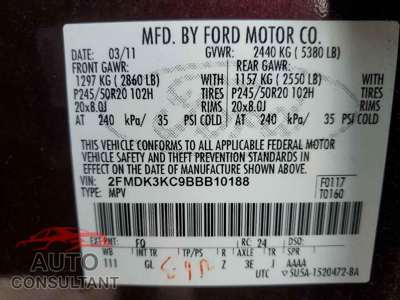 FORD EDGE 2011 - 2FMDK3KC9BBB10188