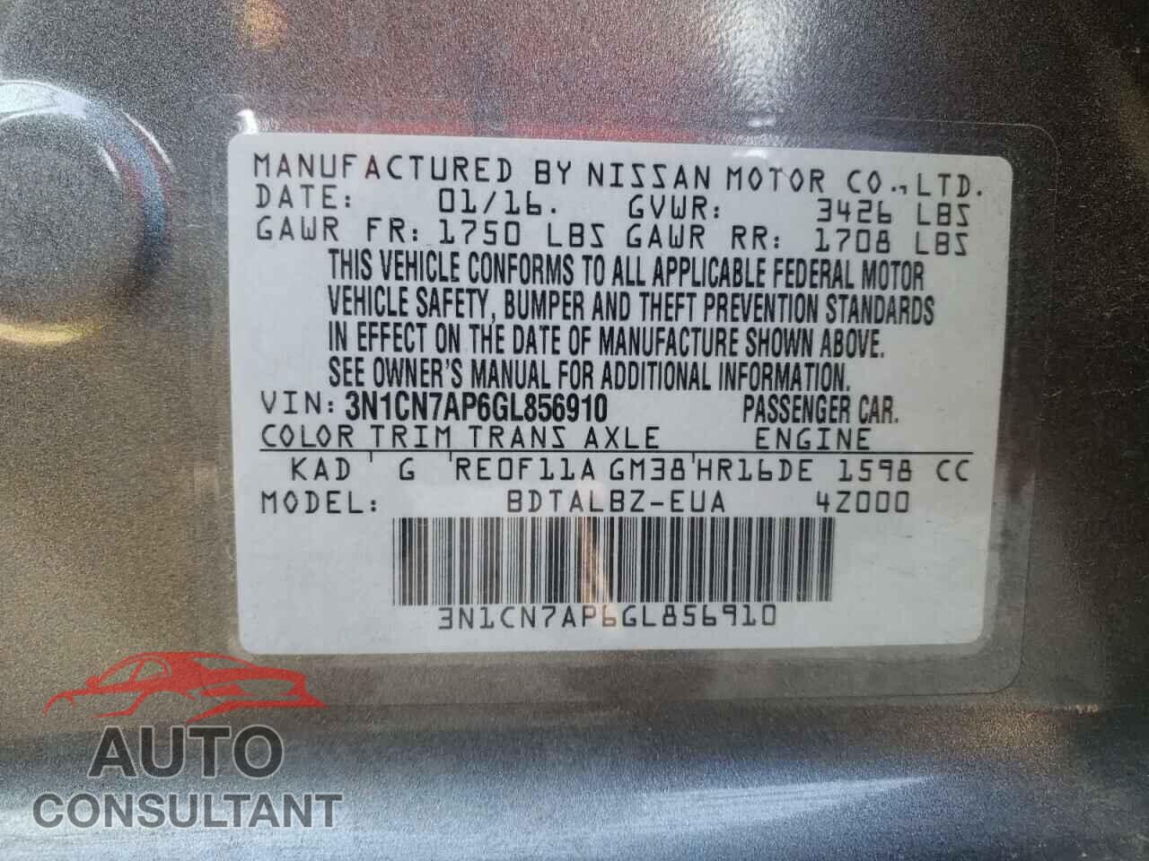 NISSAN VERSA 2016 - 3N1CN7AP6GL856910