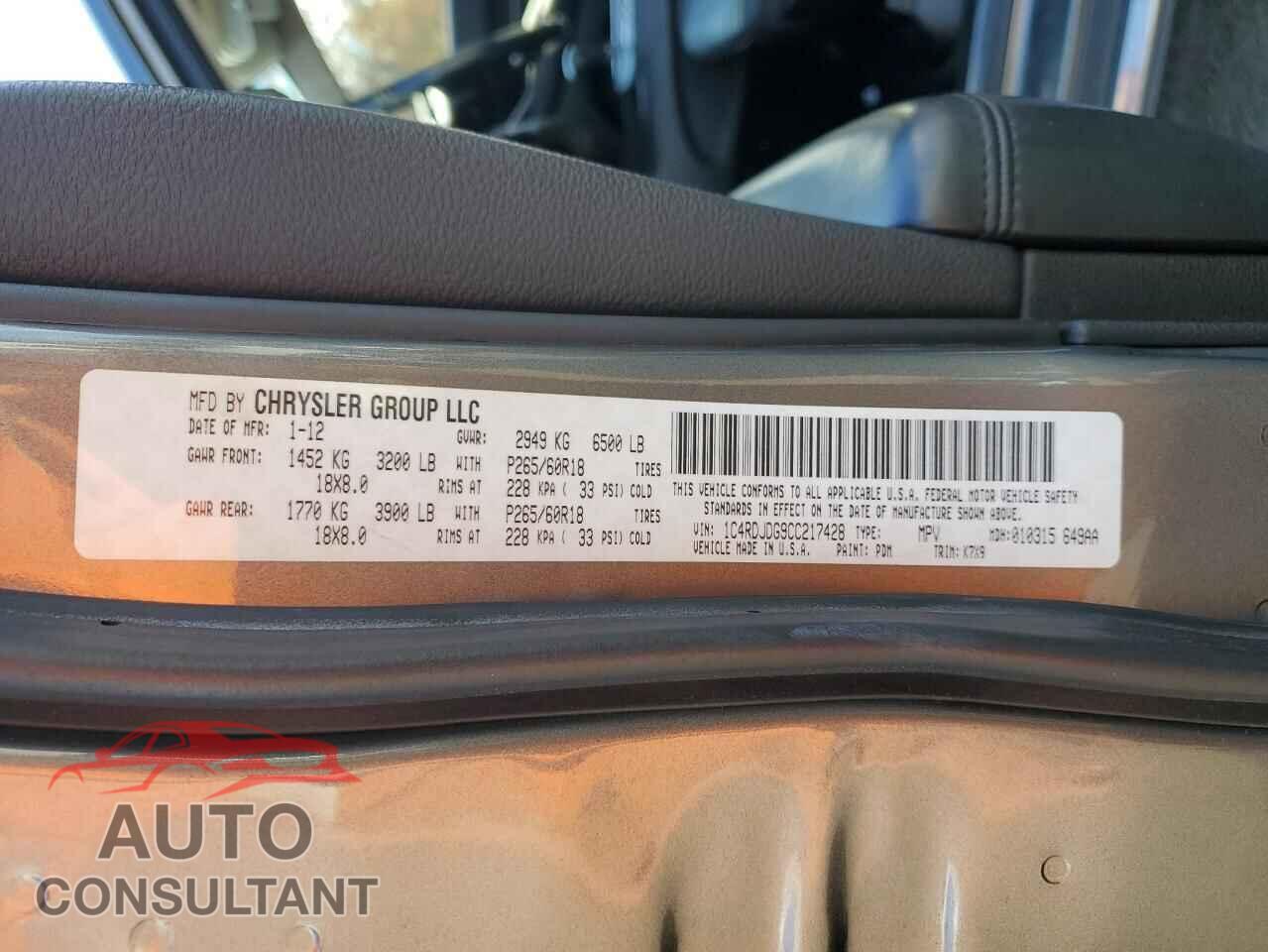 DODGE DURANGO 2012 - 1C4RDJDG9CC217428
