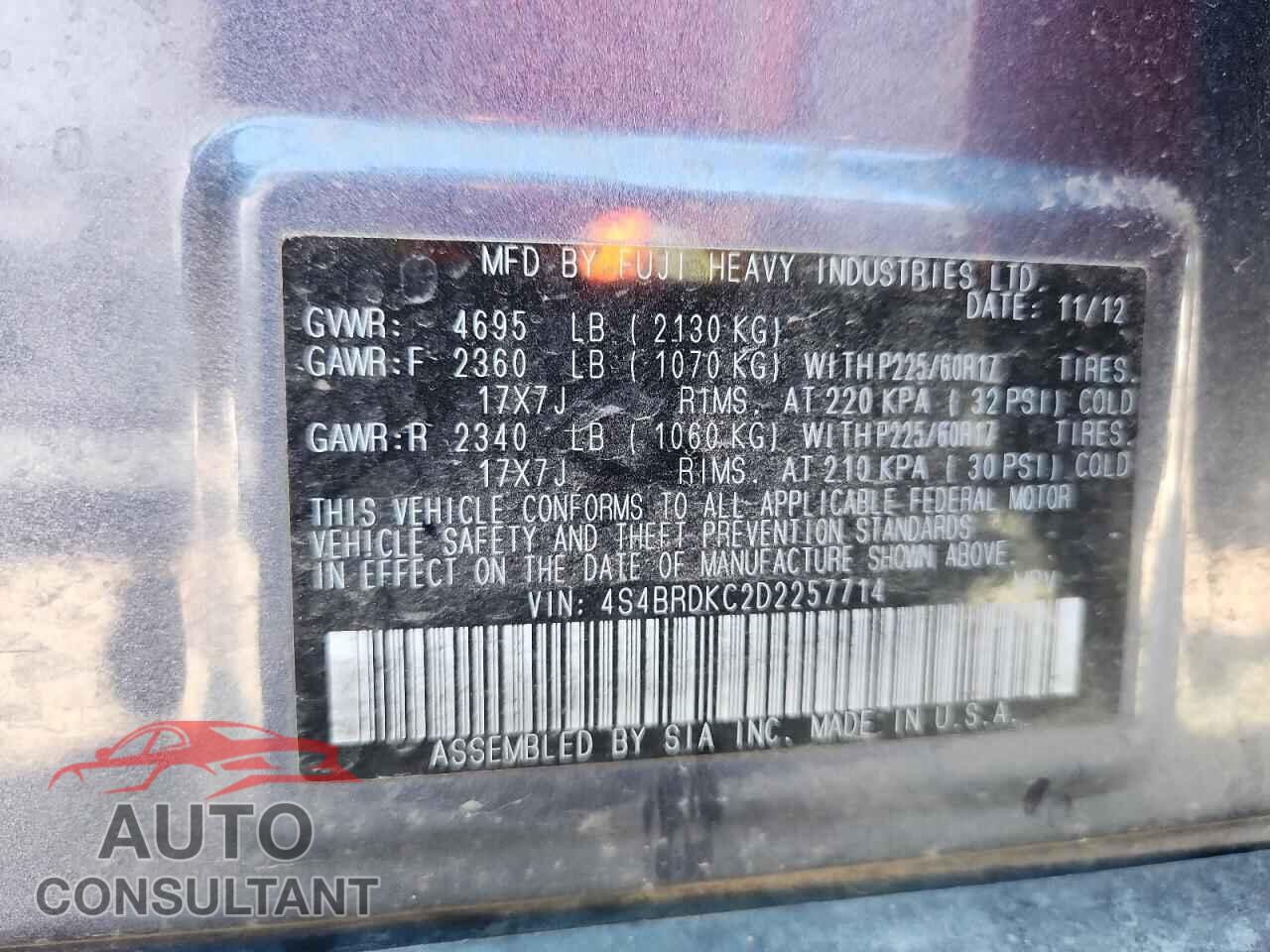 SUBARU OUTBACK 2013 - 4S4BRDKC2D2257714