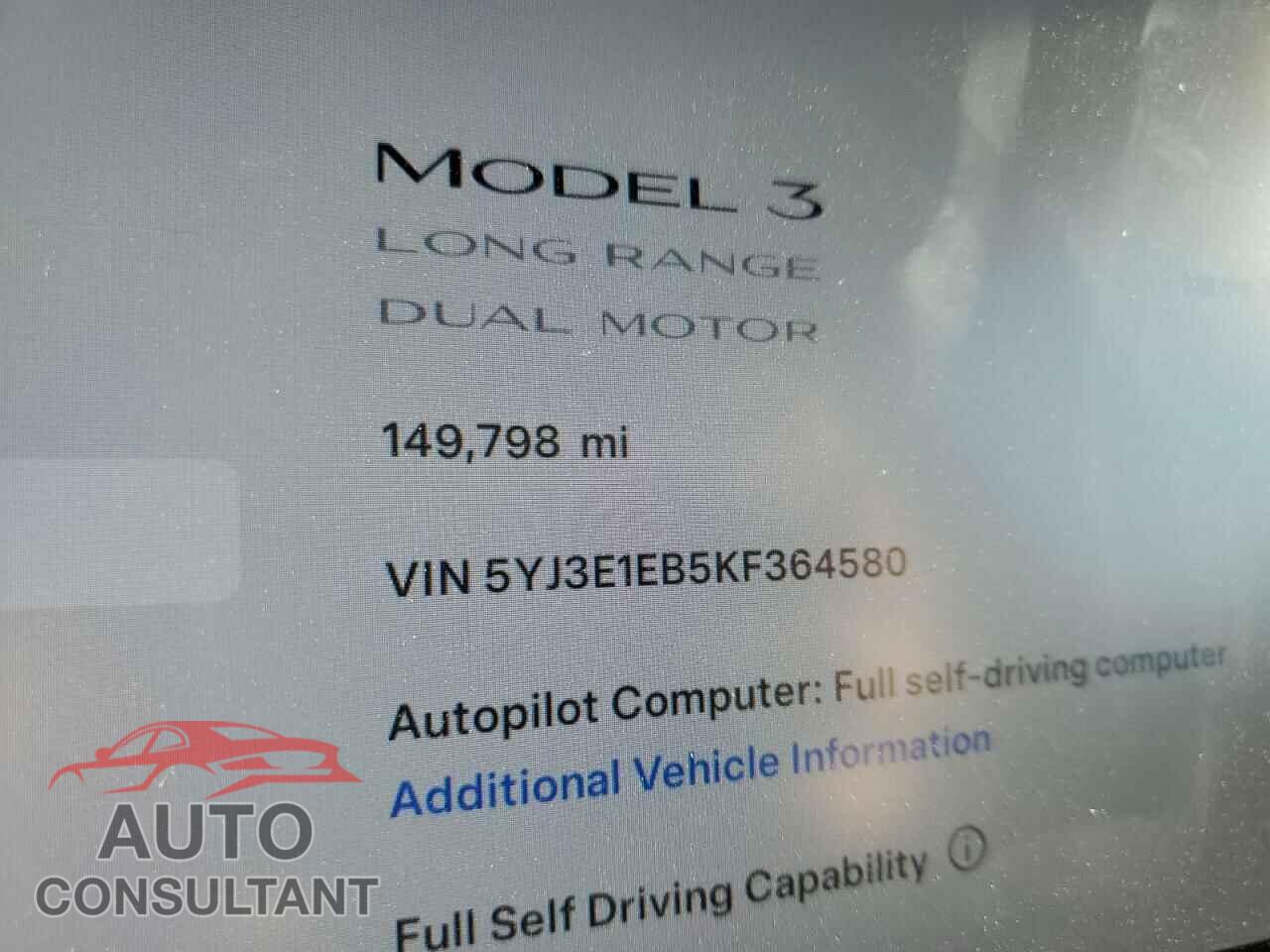 TESLA MODEL 3 2019 - 5YJ3E1EB5KF364580