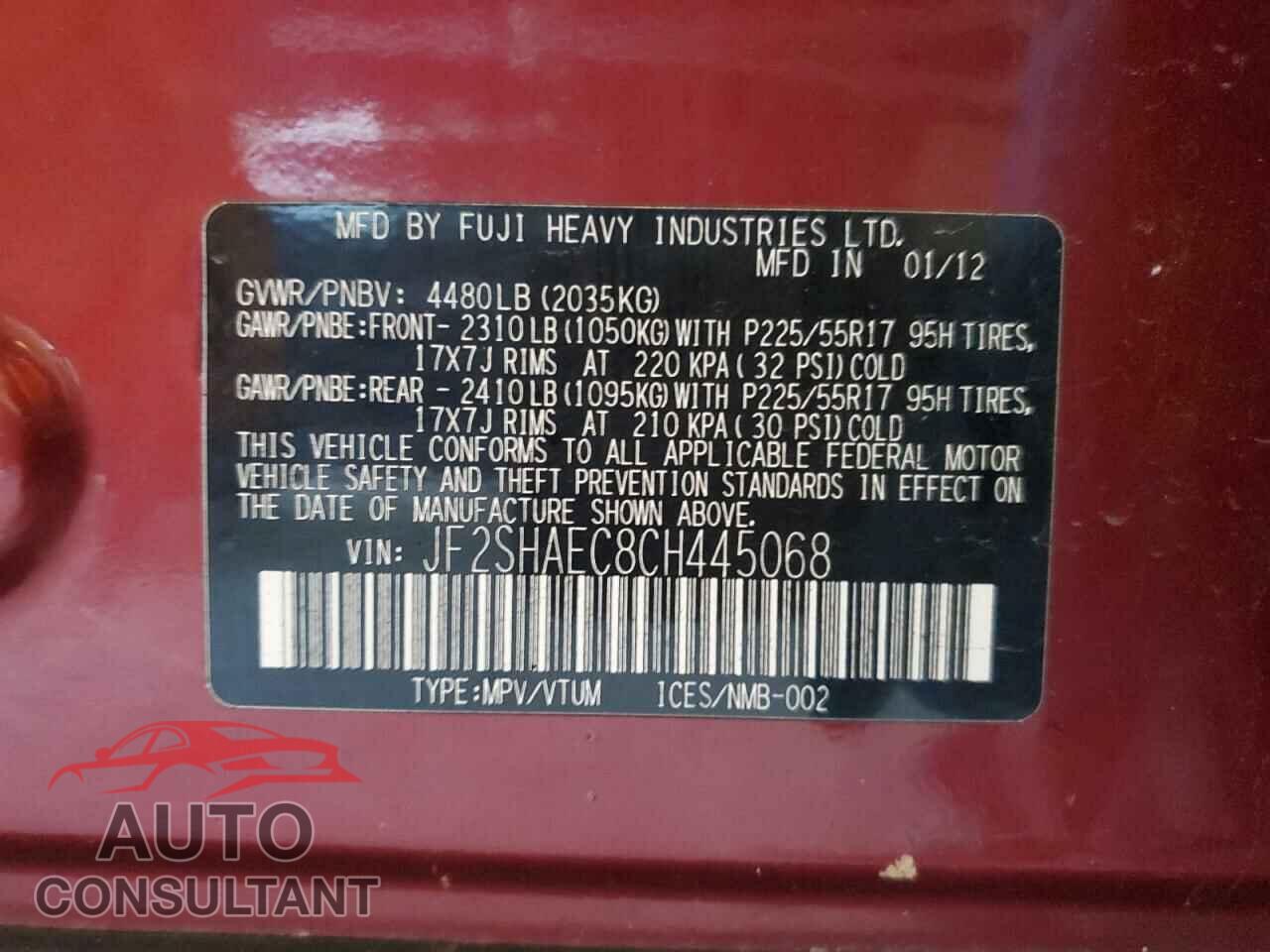 SUBARU FORESTER 2012 - JF2SHAEC8CH445068