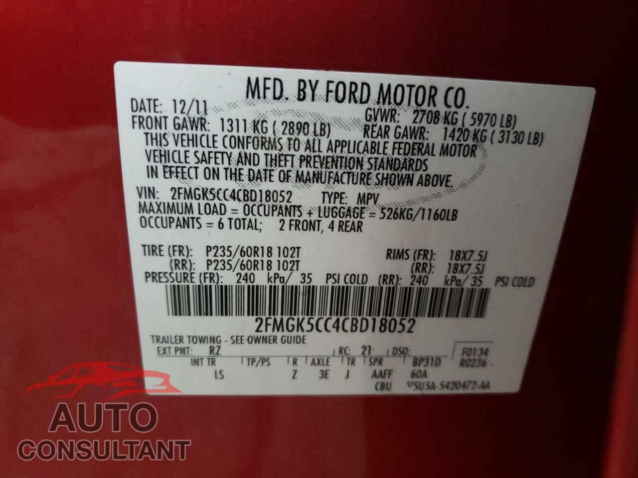 FORD FLEX 2012 - 2FMGK5CC4CBD18052