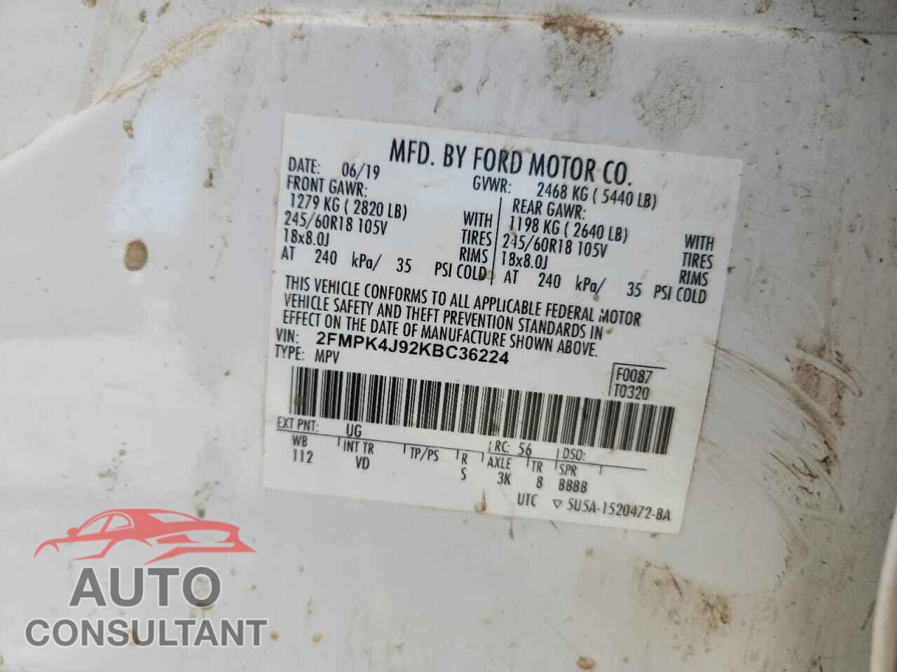 FORD EDGE 2019 - 2FMPK4J92KBC36224