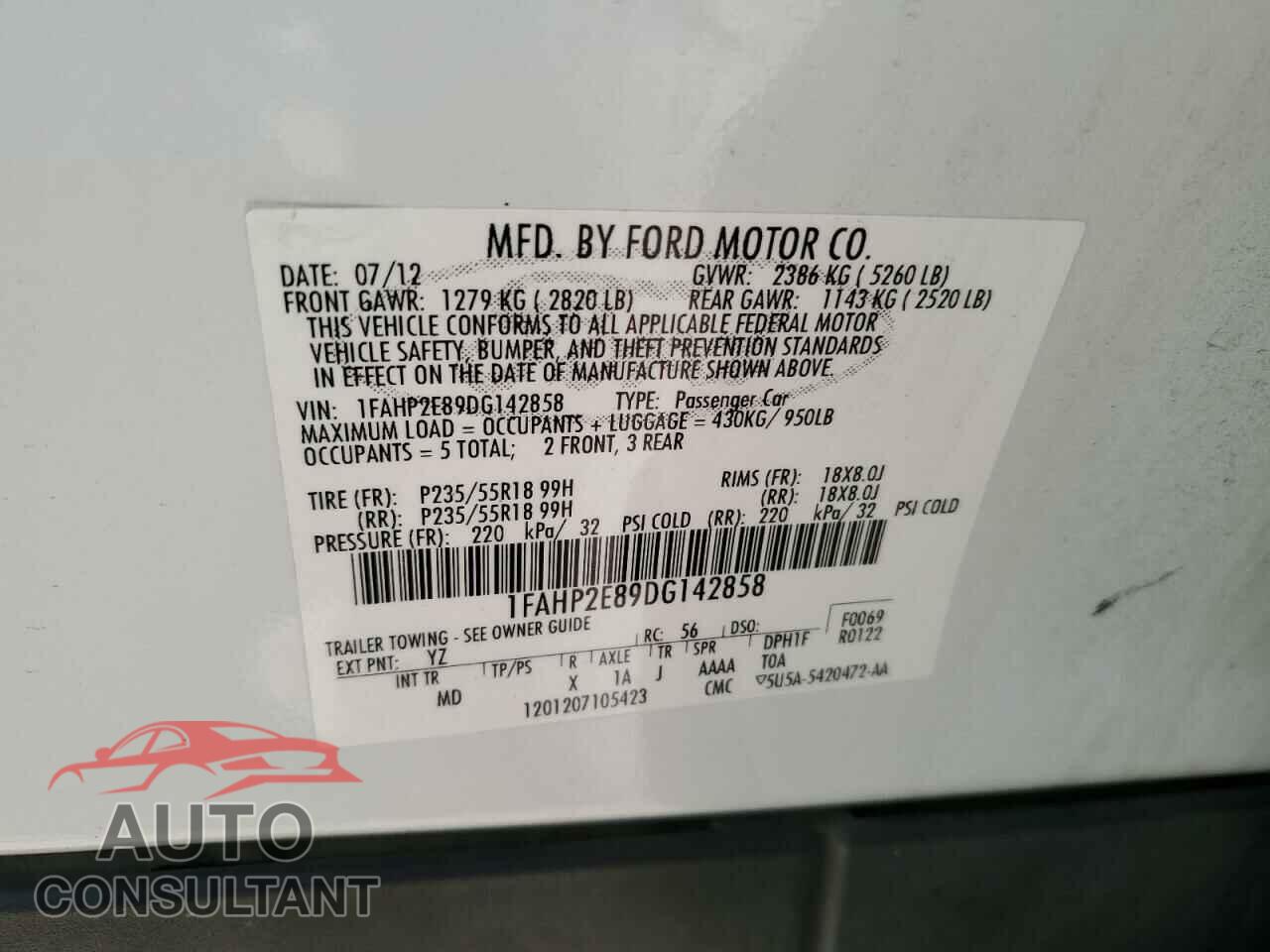 FORD TAURUS 2013 - 1FAHP2E89DG142858