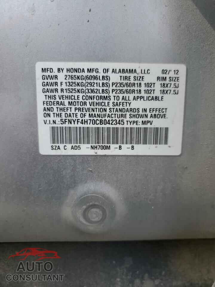 HONDA PILOT 2012 - 5FNYF4H70CB042345